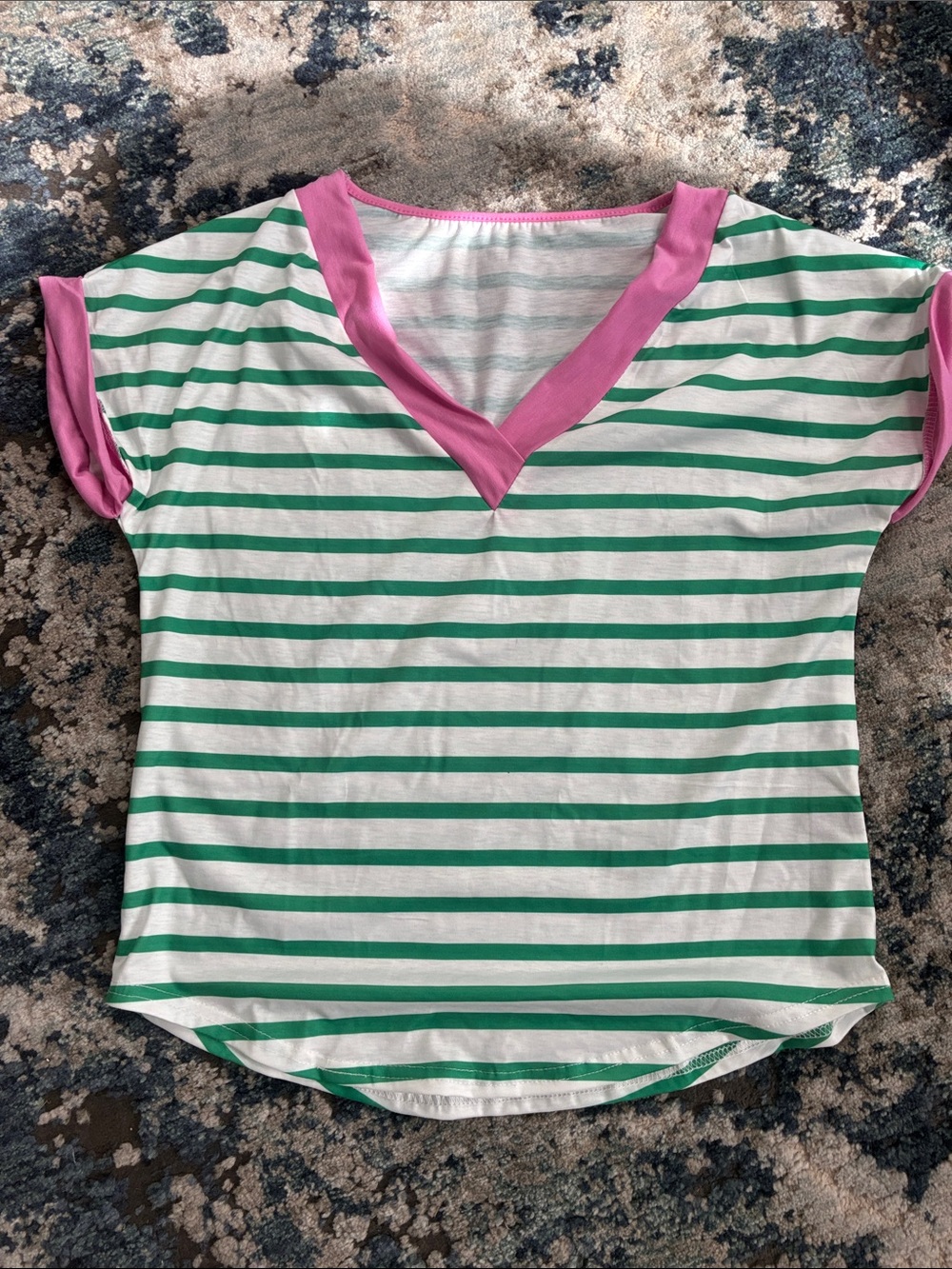 Green & White Striped Tee with Pink Trim